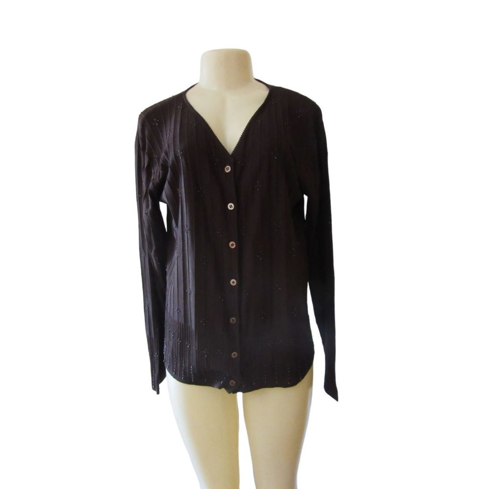 New w Tag, Vintage Silk Club Brown Beaded Long Sleeve Silk Cardigan in Sz Large